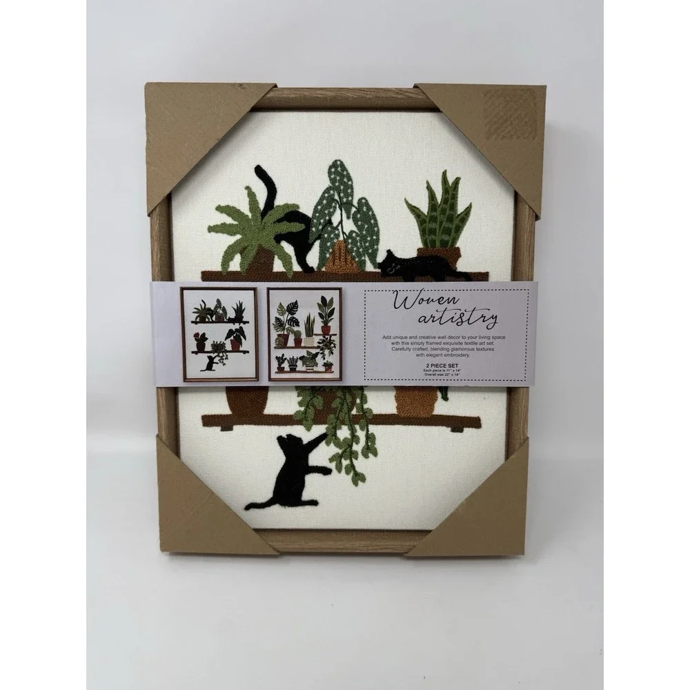 NWT BP Home Woven Artistry Needlepoint Art Plants Cat Flowers Framed Set of 2
